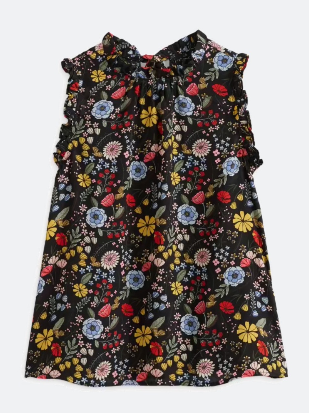 bobeau Black Floral Ruffle Tie-Back Blouse with Red, Yellow, Blue Flowers